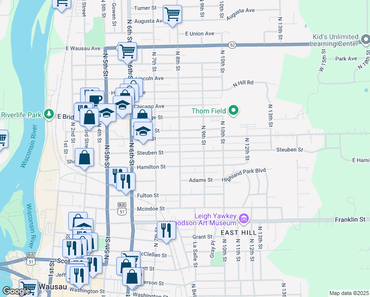map of restaurants, bars, coffee shops, grocery stores, and more near 806 Steuben Street in Wausau