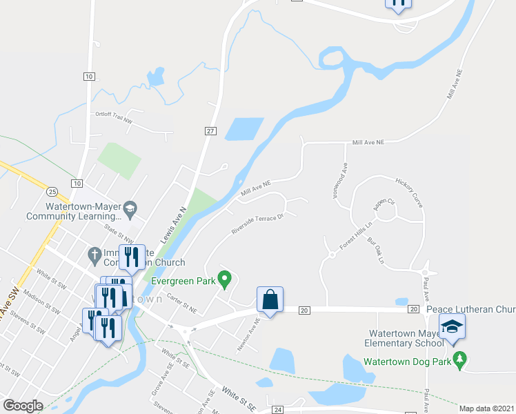 map of restaurants, bars, coffee shops, grocery stores, and more near 120 Riverside Terrace Drive in Watertown