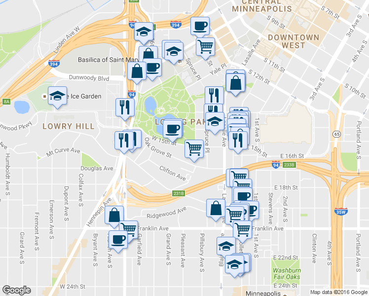 map of restaurants, bars, coffee shops, grocery stores, and more near 309 West 15th Street in Minneapolis