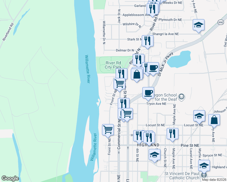 map of restaurants, bars, coffee shops, grocery stores, and more near 2700-2744 Front Street Northeast in Salem