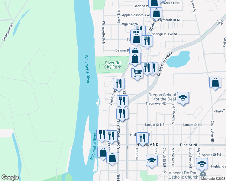 map of restaurants, bars, coffee shops, grocery stores, and more near 2700-2744 Front Street Northeast in Salem