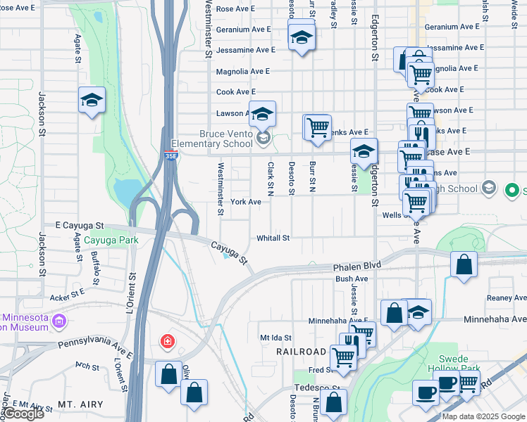 map of restaurants, bars, coffee shops, grocery stores, and more near 431 Whitall Street in Saint Paul