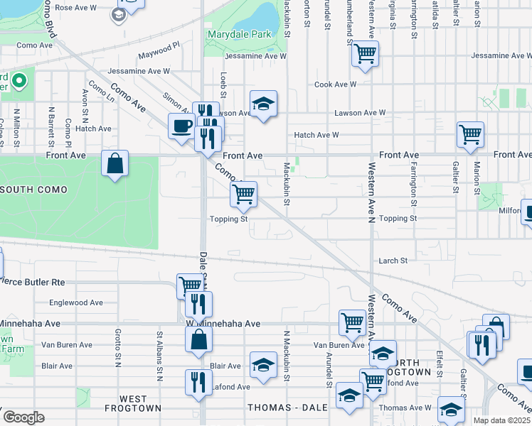 map of restaurants, bars, coffee shops, grocery stores, and more near 545 Atwater Circle in Saint Paul