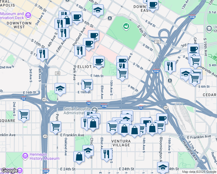 map of restaurants, bars, coffee shops, grocery stores, and more near 1607 10th Avenue South in Minneapolis