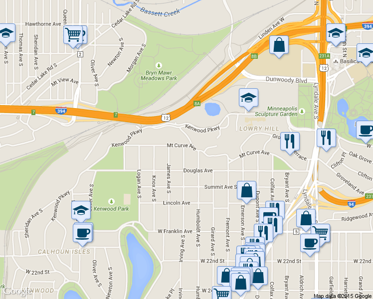 map of restaurants, bars, coffee shops, grocery stores, and more near 1716 Humboldt Avenue South in Minneapolis