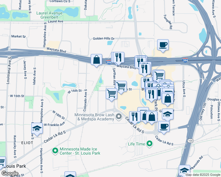 map of restaurants, bars, coffee shops, grocery stores, and more near 1610 Zarthan Avenue South in Minneapolis