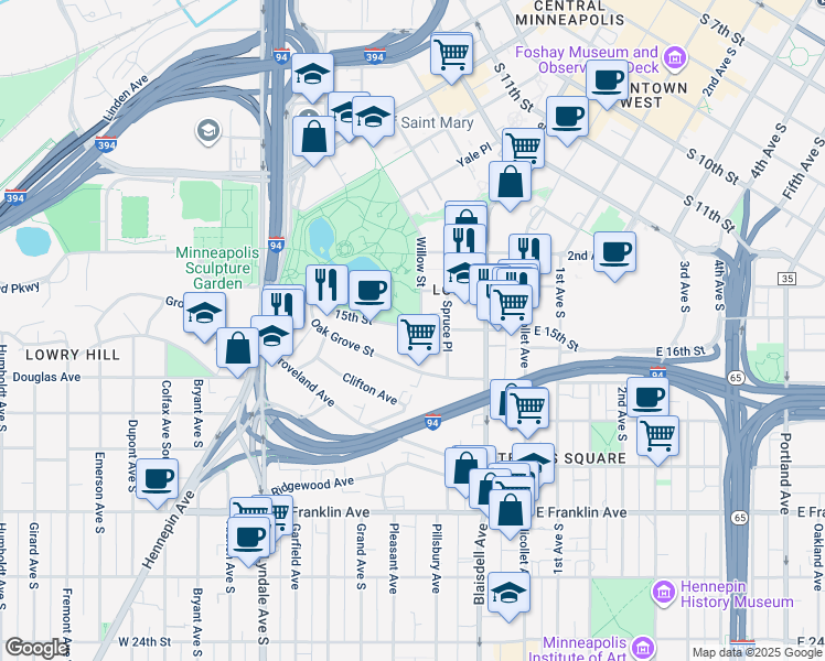 map of restaurants, bars, coffee shops, grocery stores, and more near 230 Oak Grove Street in Minneapolis