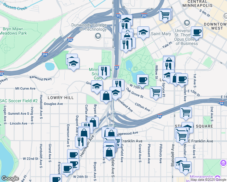 map of restaurants, bars, coffee shops, grocery stores, and more near 222 Hennepin Avenue South in Minneapolis