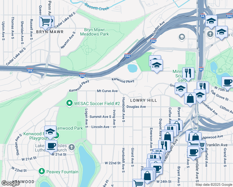 map of restaurants, bars, coffee shops, grocery stores, and more near 1716 Humboldt Avenue South in Minneapolis