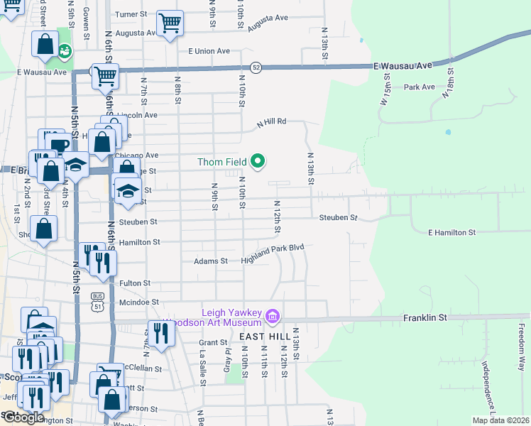 map of restaurants, bars, coffee shops, grocery stores, and more near 1024 Steuben Street in Wausau