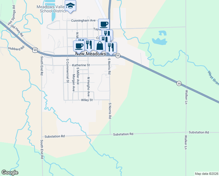 map of restaurants, bars, coffee shops, grocery stores, and more near 501 North Norris Street in New Meadows
