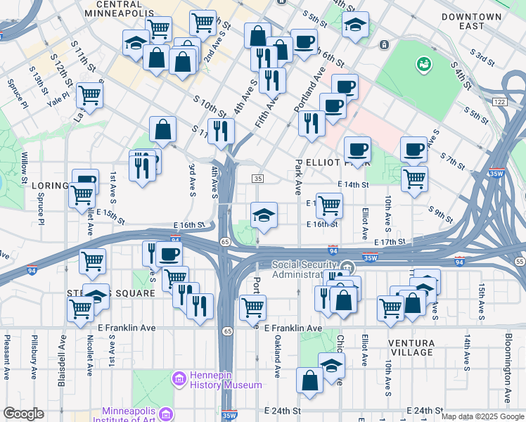 map of restaurants, bars, coffee shops, grocery stores, and more near 1501 Portland Avenue South in Minneapolis
