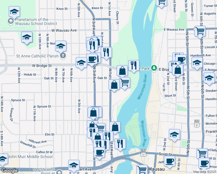map of restaurants, bars, coffee shops, grocery stores, and more near 432 North 1st Avenue in Wausau
