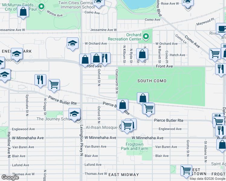 map of restaurants, bars, coffee shops, grocery stores, and more near 1001 Burgess Street in Saint Paul