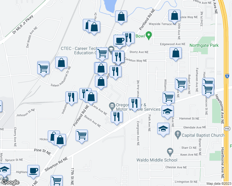 map of restaurants, bars, coffee shops, grocery stores, and more near 1873 Highway Avenue Northeast in Salem