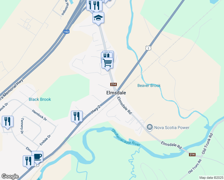 map of restaurants, bars, coffee shops, grocery stores, and more near 148 Nova Scotia 214 in Elmsdale