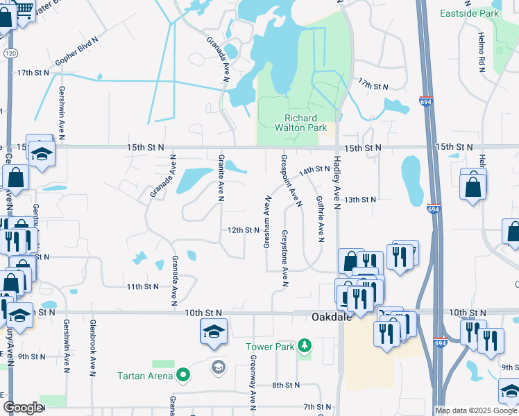 map of restaurants, bars, coffee shops, grocery stores, and more near 6711 13th Street Circle in Oakdale