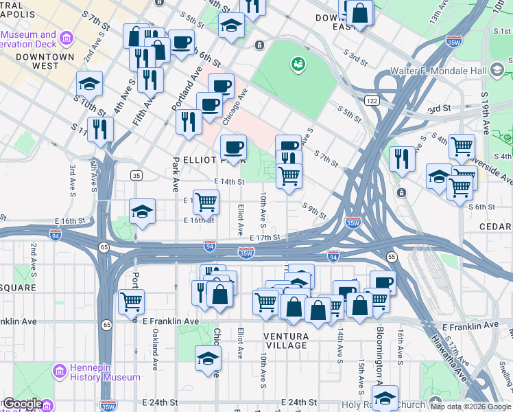 map of restaurants, bars, coffee shops, grocery stores, and more near 1415 10th Avenue South in Minneapolis
