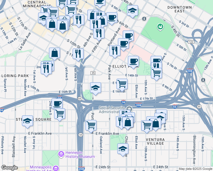 map of restaurants, bars, coffee shops, grocery stores, and more near 1415 Park Avenue in Minneapolis