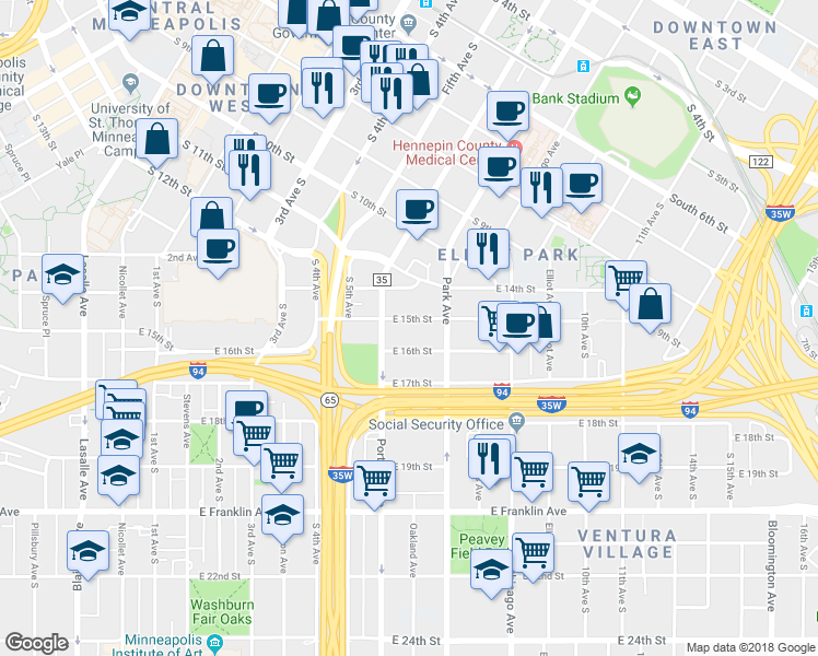 map of restaurants, bars, coffee shops, grocery stores, and more near in Minneapolis
