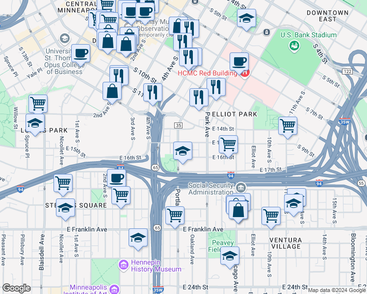 map of restaurants, bars, coffee shops, grocery stores, and more near in Minneapolis