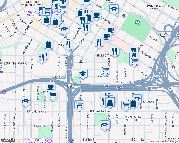 map of restaurants, bars, coffee shops, grocery stores, and more near 1415 Park Avenue in Minneapolis