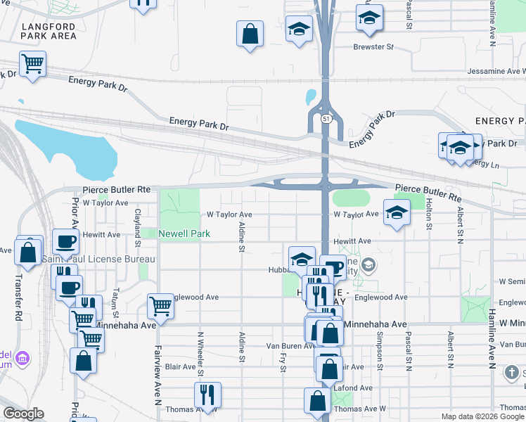map of restaurants, bars, coffee shops, grocery stores, and more near 907 Charlotte Street in Saint Paul