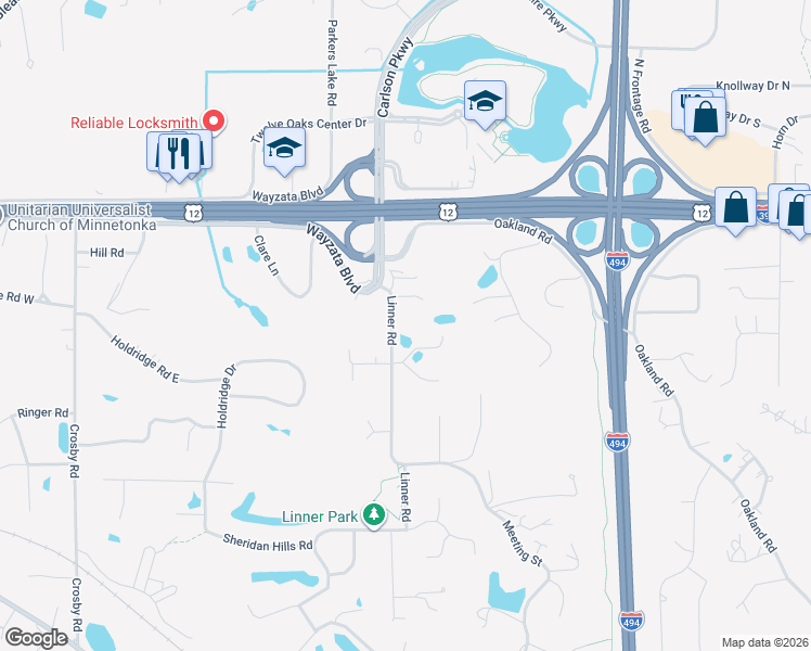 map of restaurants, bars, coffee shops, grocery stores, and more near 1555 Linner Road in Wayzata