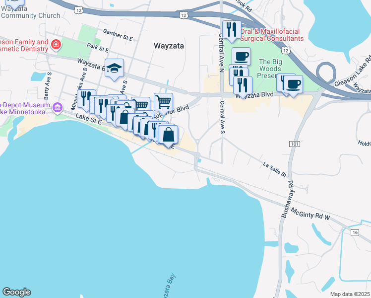 map of restaurants, bars, coffee shops, grocery stores, and more near 330 Engel Street in Wayzata