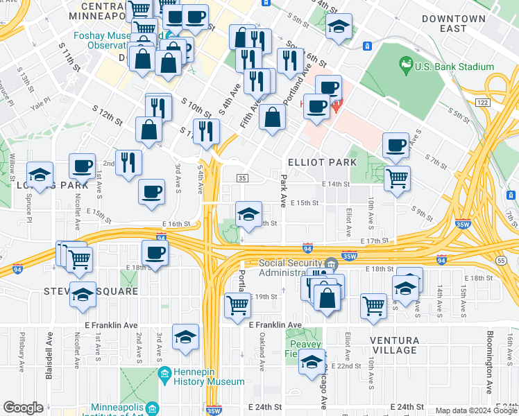 map of restaurants, bars, coffee shops, grocery stores, and more near 619 East 15th Street in Minneapolis
