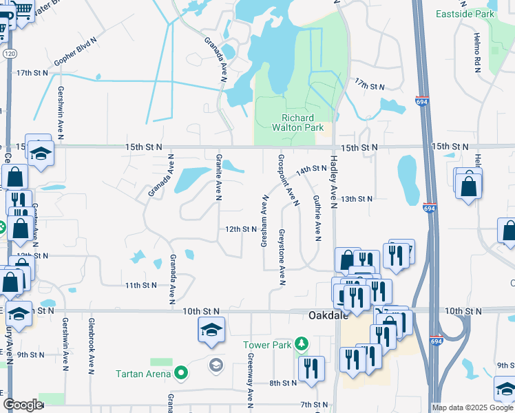 map of restaurants, bars, coffee shops, grocery stores, and more near 6711 13th Street Circle in Oakdale