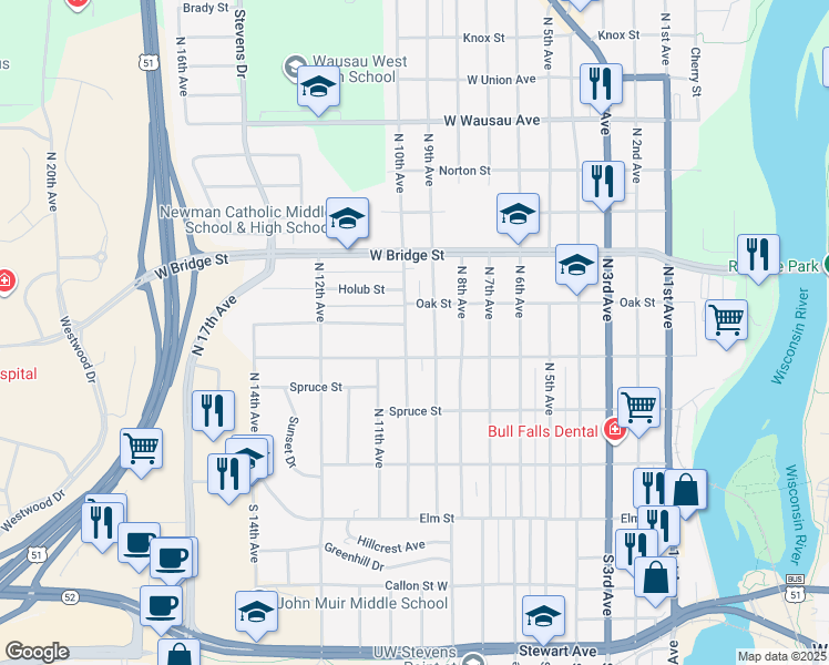 map of restaurants, bars, coffee shops, grocery stores, and more near 426 North 10th Avenue in Wausau