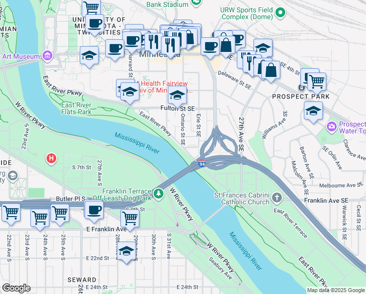 map of restaurants, bars, coffee shops, grocery stores, and more near E River Pkwy & Ontario St SE in Minneapolis
