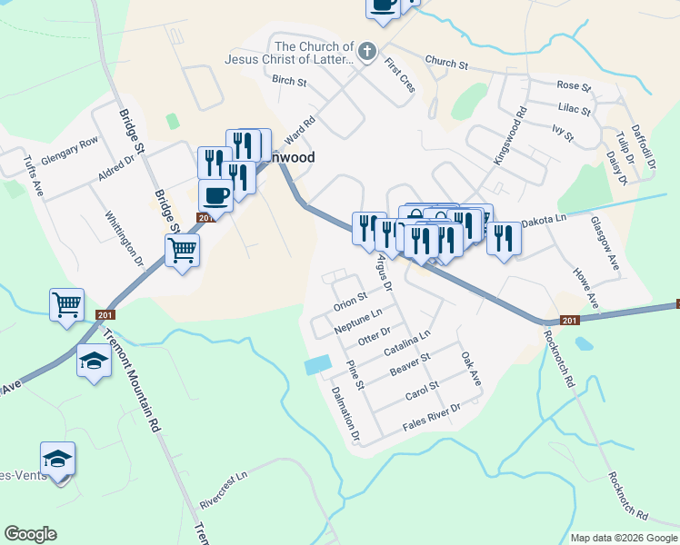 map of restaurants, bars, coffee shops, grocery stores, and more near 993 Aurora Crescent in Kingston