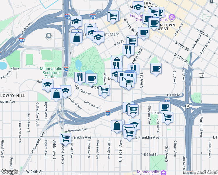 map of restaurants, bars, coffee shops, grocery stores, and more near 1430 Spruce Place in Minneapolis