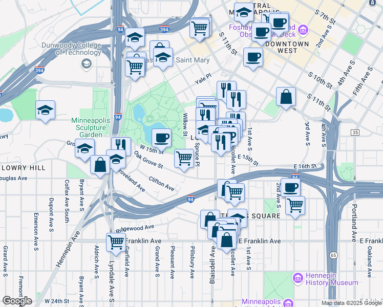 map of restaurants, bars, coffee shops, grocery stores, and more near 200 West 15th Street in Minneapolis