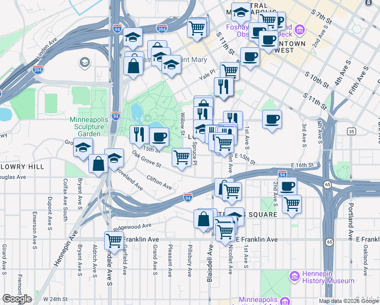 map of restaurants, bars, coffee shops, grocery stores, and more near 1430 Spruce Place in Minneapolis