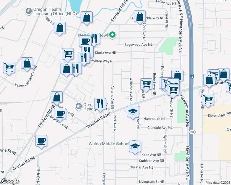 map of restaurants, bars, coffee shops, grocery stores, and more near 3345 Arbon Street Northeast in Salem