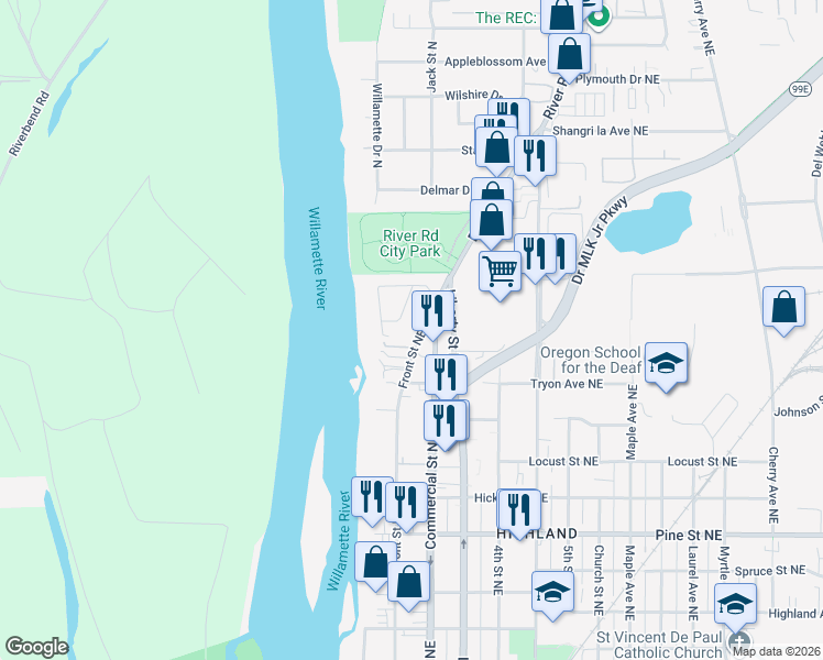 map of restaurants, bars, coffee shops, grocery stores, and more near 2865 Front Street Northeast in Salem