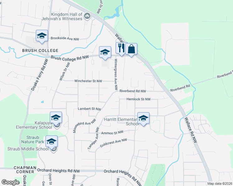 map of restaurants, bars, coffee shops, grocery stores, and more near 2357 Wintergreen Avenue Northwest in Salem