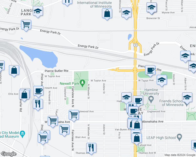 map of restaurants, bars, coffee shops, grocery stores, and more near 915 Aldine Street in Saint Paul