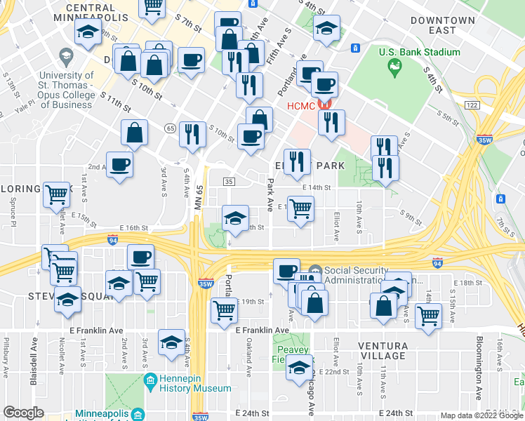 map of restaurants, bars, coffee shops, grocery stores, and more near 1415 Park Avenue in Minneapolis