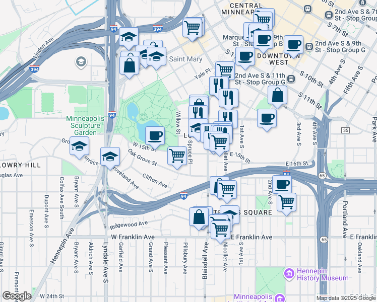 map of restaurants, bars, coffee shops, grocery stores, and more near 5 Spruce Place in Minneapolis