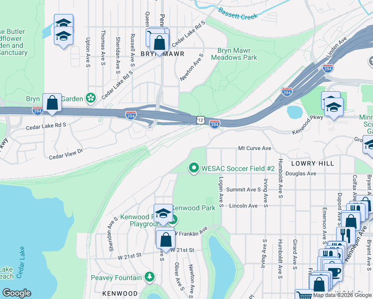 map of restaurants, bars, coffee shops, grocery stores, and more near 1480 Kenwood Parkway in Minneapolis
