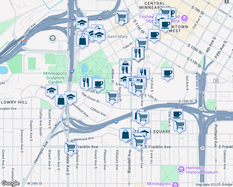 map of restaurants, bars, coffee shops, grocery stores, and more near in Minneapolis