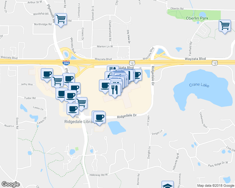 map of restaurants, bars, coffee shops, grocery stores, and more near 12421 Wayzata Boulevard in Hopkins