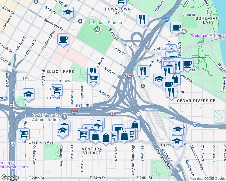 map of restaurants, bars, coffee shops, grocery stores, and more near 721 13th Avenue South in Minneapolis