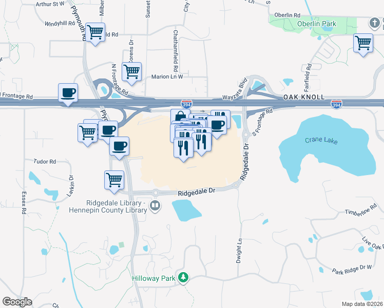 map of restaurants, bars, coffee shops, grocery stores, and more near 12401 Wayzata Boulevard in Minnetonka