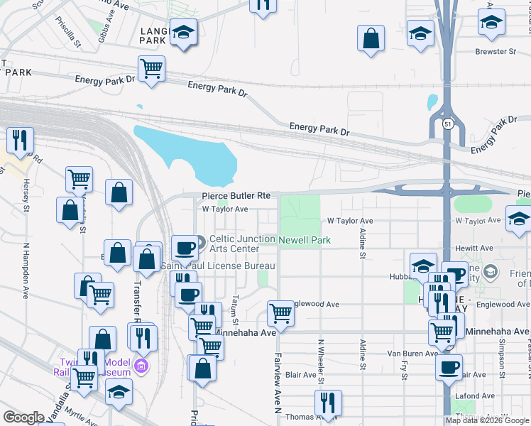 map of restaurants, bars, coffee shops, grocery stores, and more near 1853 West Taylor Avenue in Saint Paul