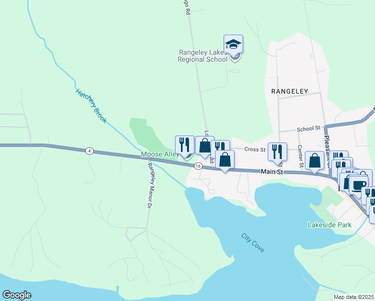 map of restaurants, bars, coffee shops, grocery stores, and more near 69 Cross Street in Rangeley